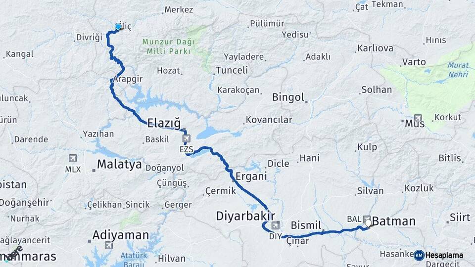 Erzincan İliç Batman Arası Kaç Km - Yol Haritası
