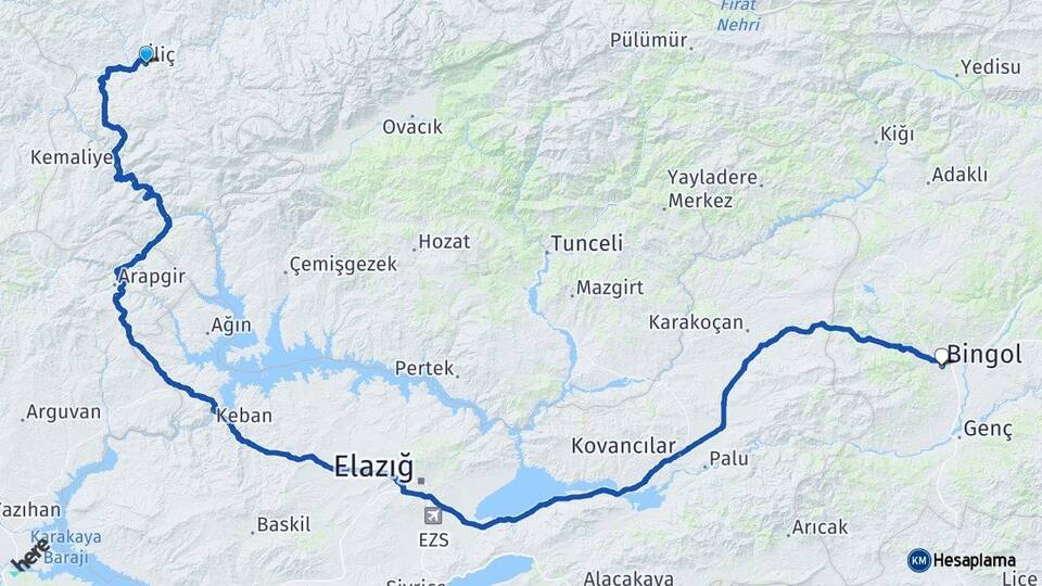 Erzincan İliç Bingöl Arası Kaç Km - Yol Haritası