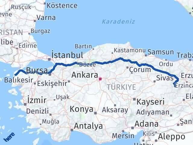 Erzincan İliç Çanakkale Arası Kaç Km - Yol Haritası
