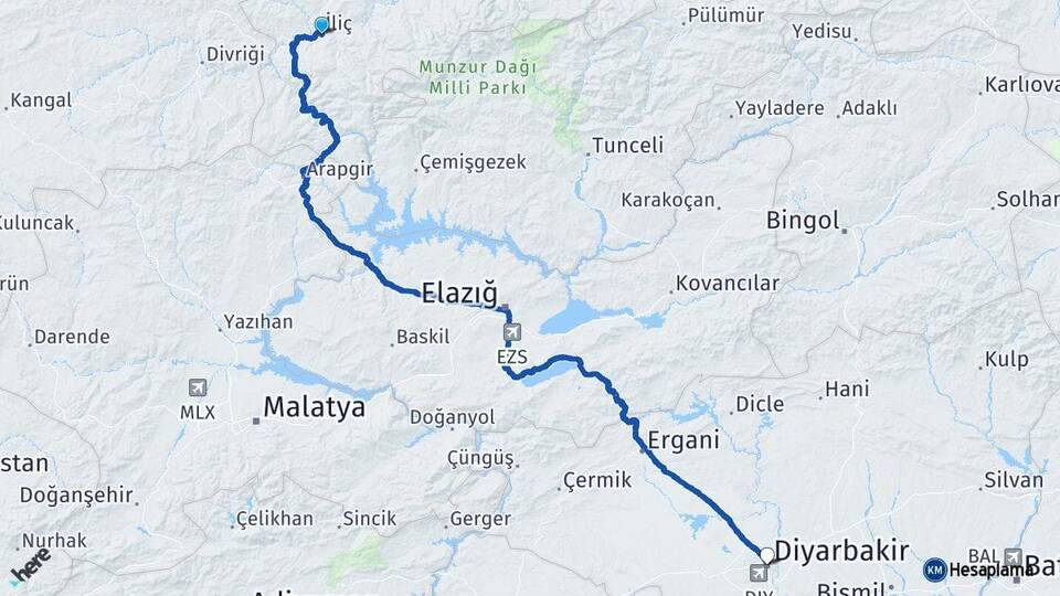 Erzincan İliç Diyarbakır Arası Kaç Km - Yol Haritası