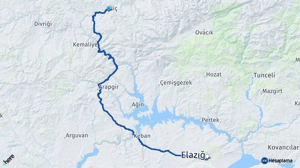 Erzincan İliç Elazığ Arası Kaç Km - Yol Haritası