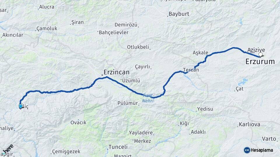 Erzincan İliç Erzurum Arası Kaç Km - Yol Haritası