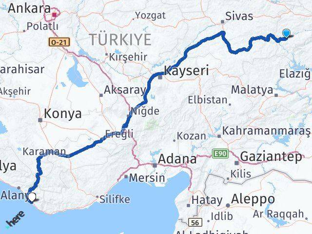 Erzincan İliç Gazipaşa Antalya Arası Kaç Km - Yol Haritası