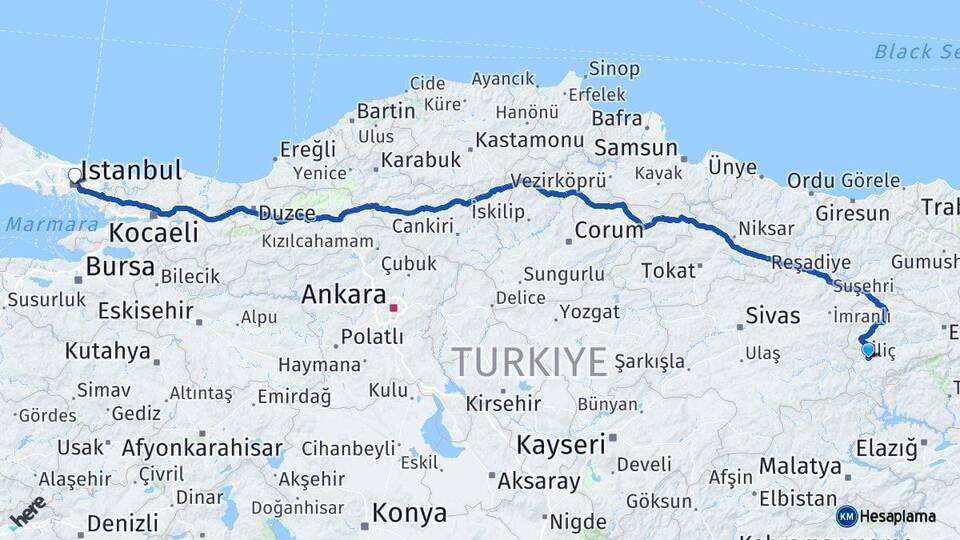 Erzincan İliç İstanbul Arası Kaç Km - Yol Haritası