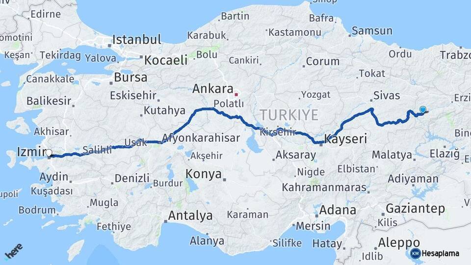 Erzincan İliç İzmir Arası Kaç Km - Yol Haritası