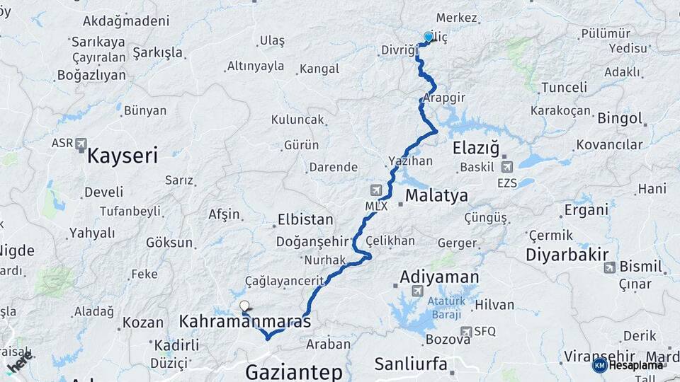 Erzincan İliç Kahramanmaraş Arası Kaç Km - Yol Haritası