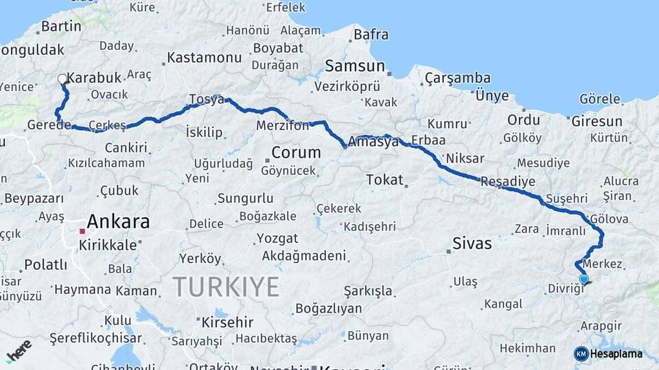 Erzincan İliç Karabük Arası Kaç Km - Yol Haritası