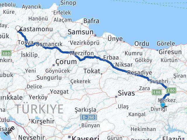 Erzincan İliç Kastamonu Arası Kaç Km - Yol Haritası