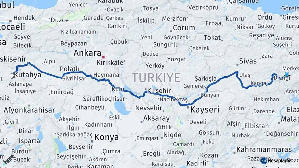 Erzincan İliç Kütahya Arası Kaç Km - Yol Haritası