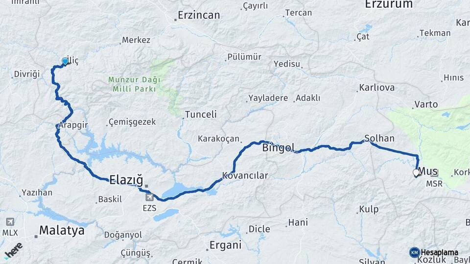 Erzincan İliç Muş Arası Kaç Km - Yol Haritası