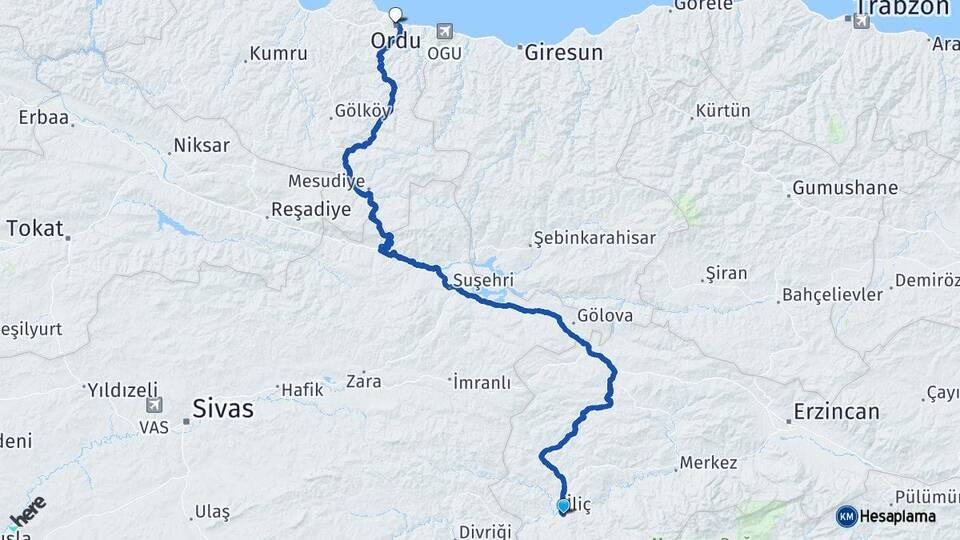 Erzincan İliç Ordu Arası Kaç Km - Yol Haritası