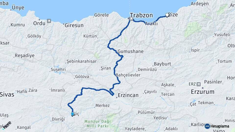 Erzincan İliç Rize Arası Kaç Km - Yol Haritası