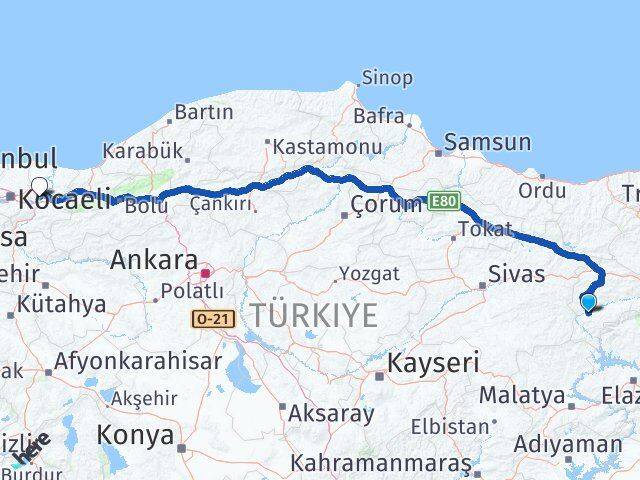 Erzincan İliç Sakarya Arası Kaç Km - Yol Haritası