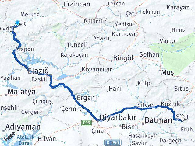 Erzincan İliç Siirt Arası Kaç Km - Yol Haritası
