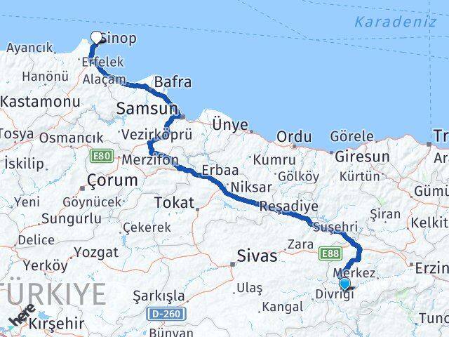 Erzincan İliç Sinop Arası Kaç Km - Yol Haritası
