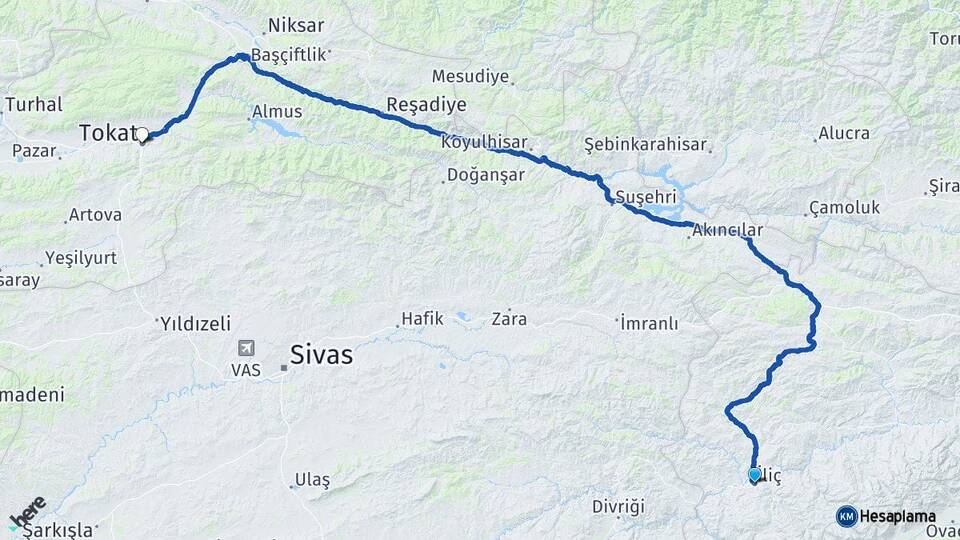 Erzincan İliç Tokat Arası Kaç Km - Yol Haritası