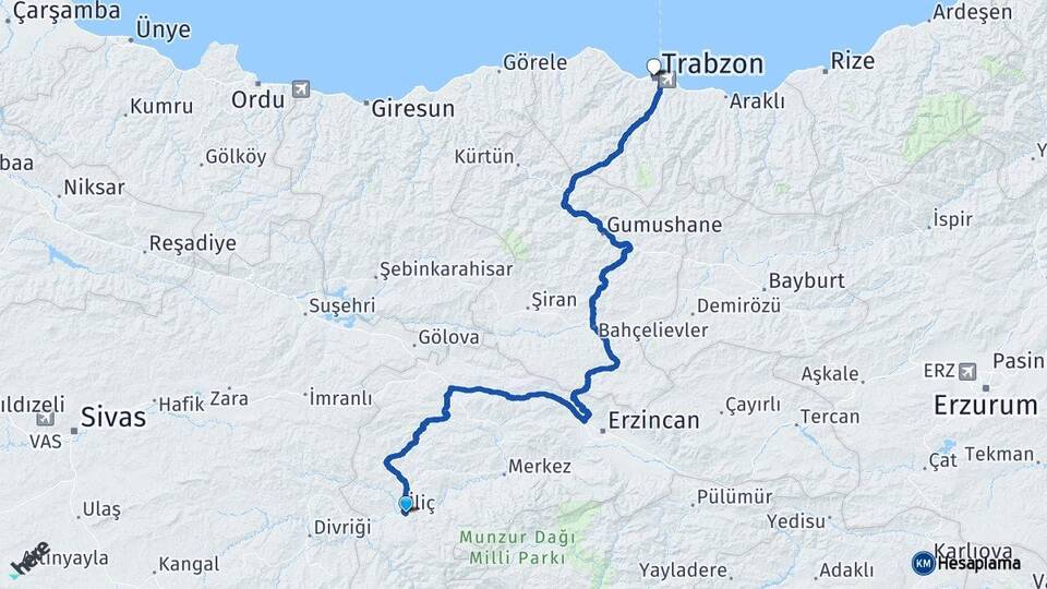 Erzincan İliç Trabzon Arası Kaç Km - Yol Haritası
