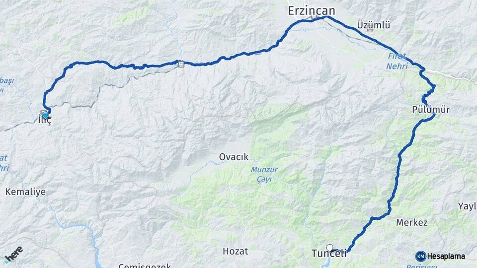 Erzincan İliç Tunceli Arası Kaç Km - Yol Haritası