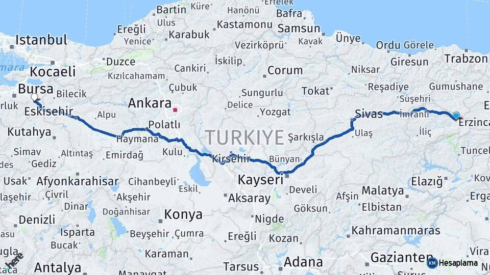 Erzincan İnegöl Bursa Arası Kaç Km - Yol Haritası
