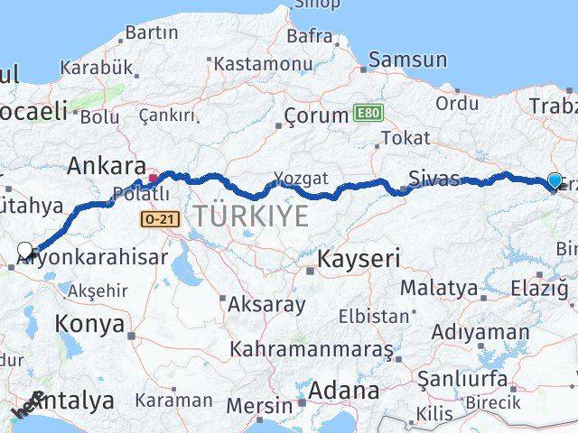 Erzincan İscehisar Afyonkarahisar Arası Kaç Km - Yol Haritası