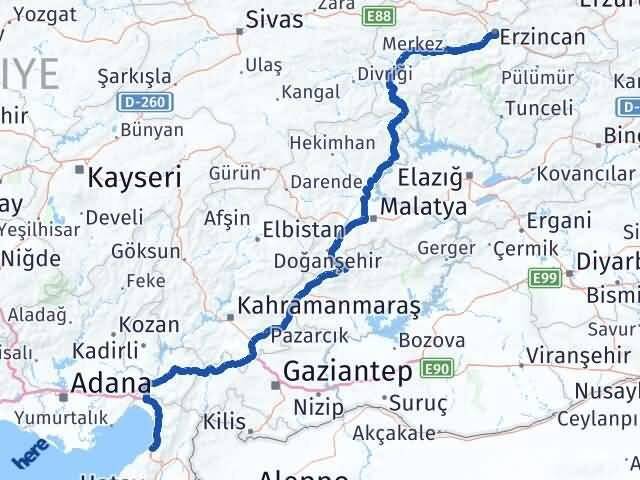 Erzincan İskenderun Hatay Arası Kaç Km - Yol Haritası