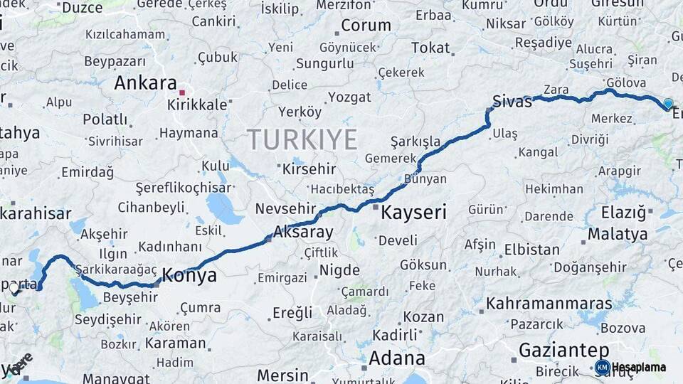 Erzincan Isparta Arası Kaç Km - Yol Haritası