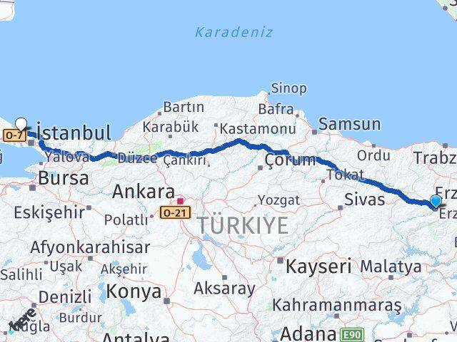 Erzincan İstanbul Havalimanı Arası Kaç Km - Yol Haritası