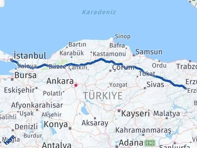 Erzincan Kağıthane İstanbul Arası Kaç Km - Yol Haritası