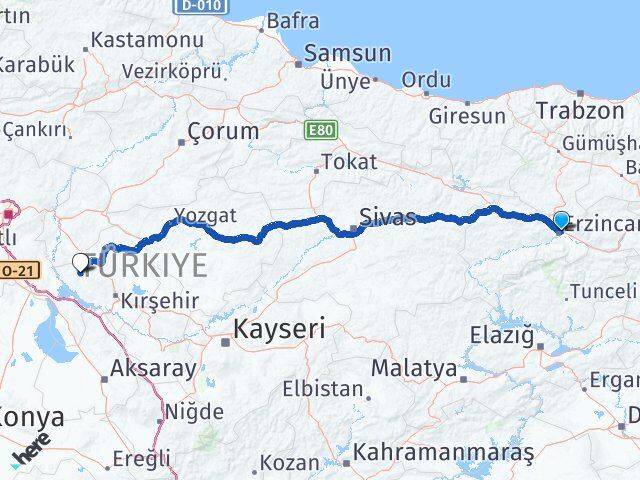 Erzincan Kaman Kırşehir Arası Kaç Km - Yol Haritası