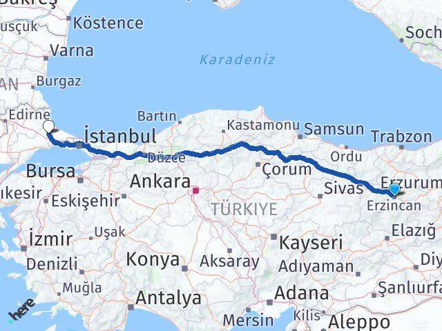 Erzincan Kapaklı Tekirdağ Arası Kaç Km - Yol Haritası