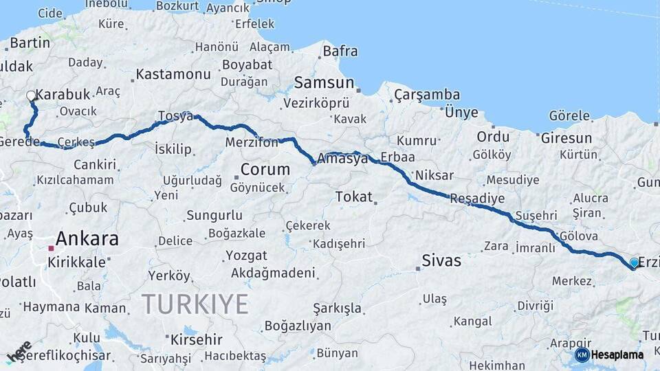 Erzincan Karabük Arası Kaç Km - Yol Haritası
