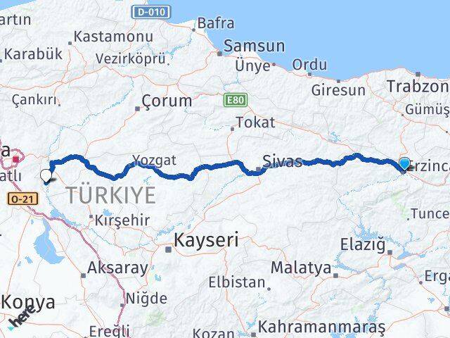 Erzincan Karakeçili Kırıkkale Arası Kaç Km - Yol Haritası