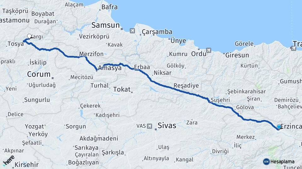 Erzincan Kargı Çorum Arası Kaç Km - Yol Haritası