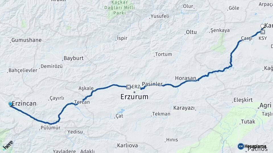 Erzincan Kars Arası Kaç Km - Yol Haritası