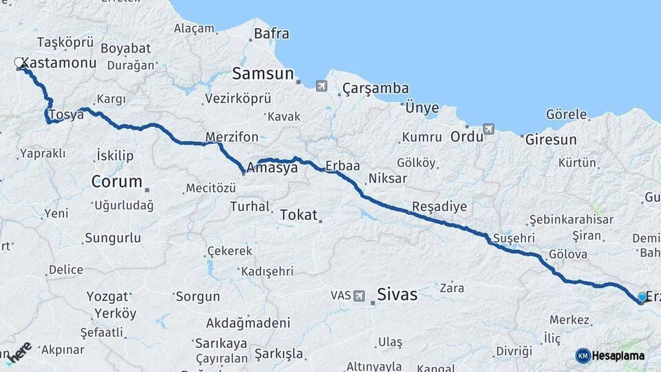 Erzincan Kastamonu Arası Kaç Km - Yol Haritası