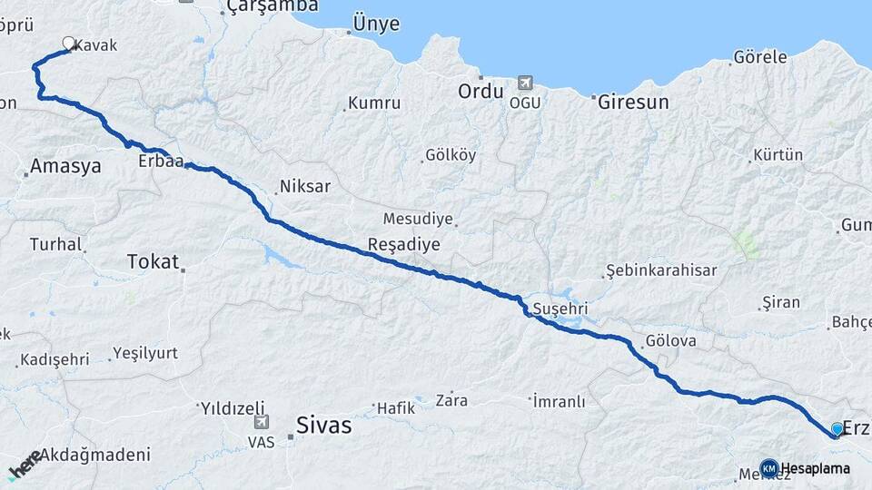 Erzincan Kavak Samsun Arası Kaç Km - Yol Haritası