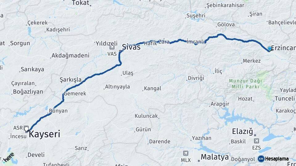 Erzincan Kayseri Arası Kaç Km - Yol Haritası