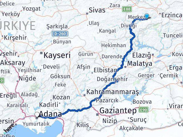Erzincan Kemah Adana Arası Kaç Km - Yol Haritası