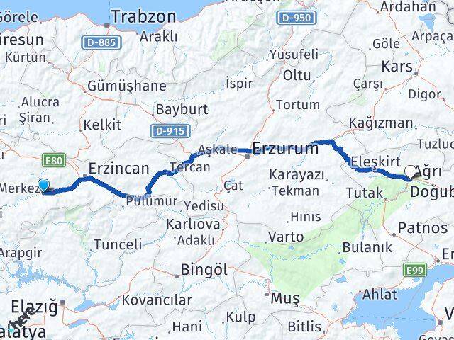 Erzincan Kemah Ağrı Arası Kaç Km - Yol Haritası