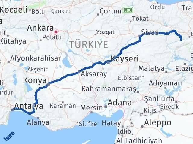 Erzincan Kemah Antalya Arası Kaç Km - Yol Haritası