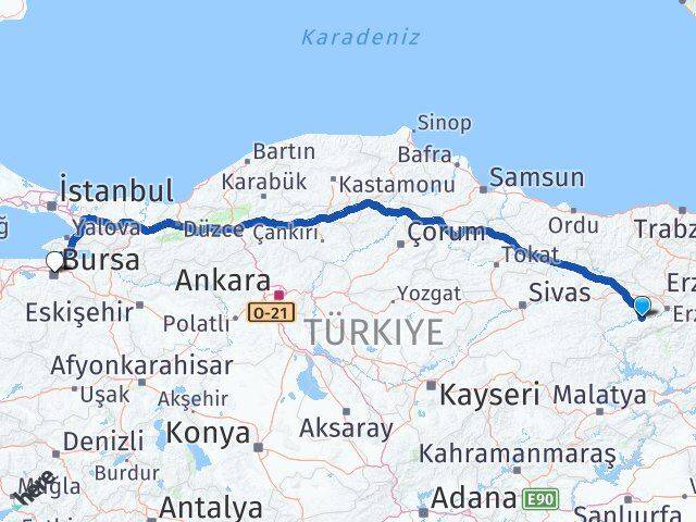 Erzincan Kemah Bursa Arası Kaç Km - Yol Haritası