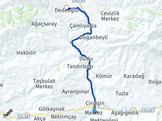 Erzincan Kemah Dedeoğlu Kemah Arası Kaç Km - Yol Haritası