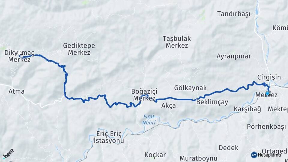 Erzincan Kemah Dikyamaç Kemah Arası Kaç Km - Yol Haritası