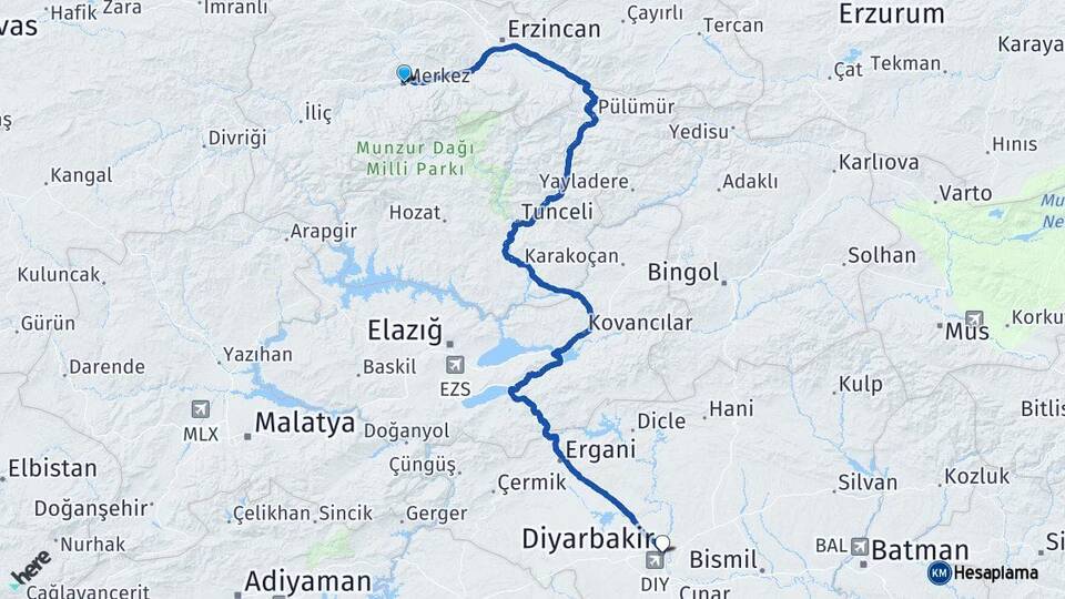 Erzincan Kemah Diyarbakır Arası Kaç Km - Yol Haritası