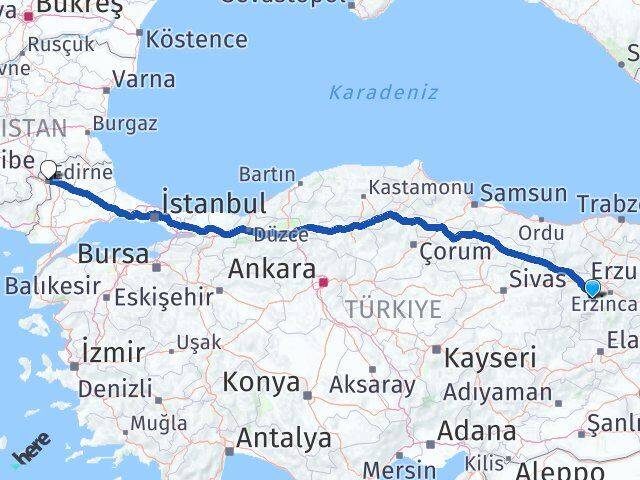 Erzincan Kemah Edirne Arası Kaç Km - Yol Haritası