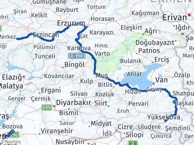 Erzincan Kemah Hakkari Arası Kaç Km - Yol Haritası