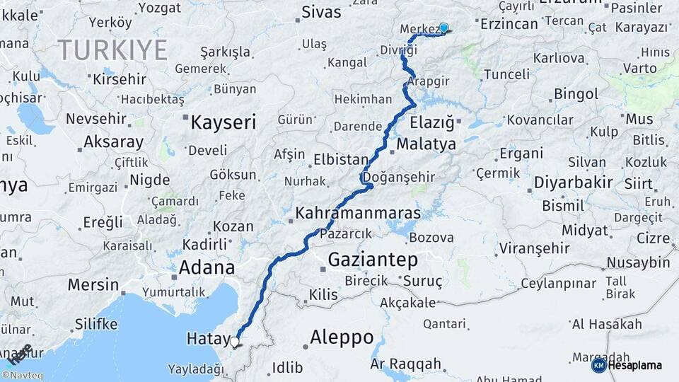 Erzincan Kemah Hatay Arası Kaç Km - Yol Haritası