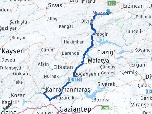 Erzincan Kemah Kahramanmaraş Arası Kaç Km - Yol Haritası