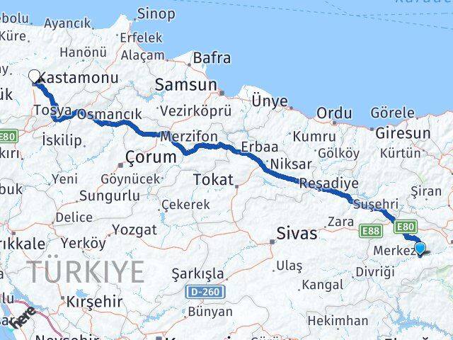 Erzincan Kemah Kastamonu Arası Kaç Km - Yol Haritası