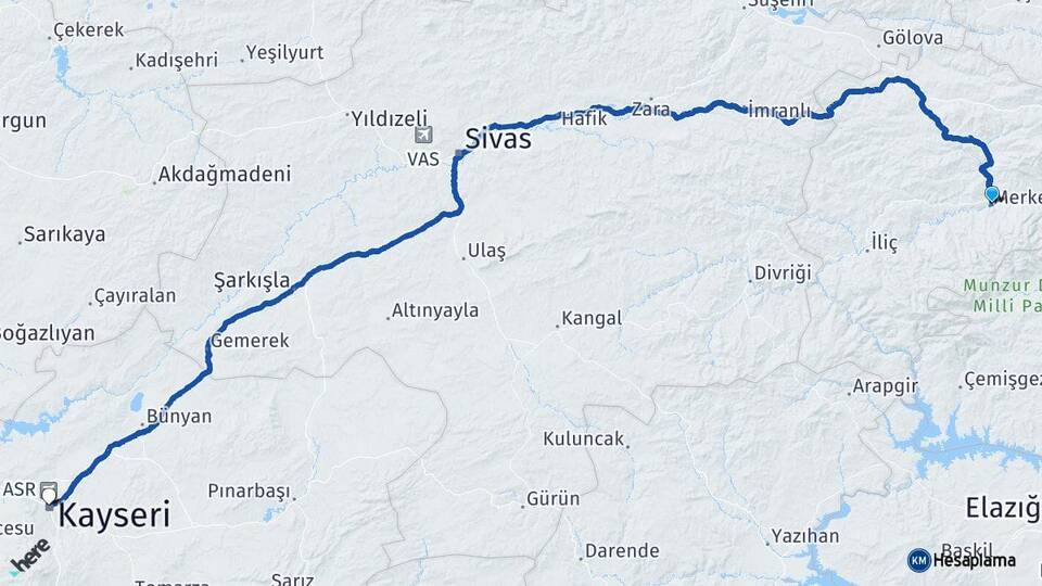 Erzincan Kemah Kayseri Arası Kaç Km - Yol Haritası